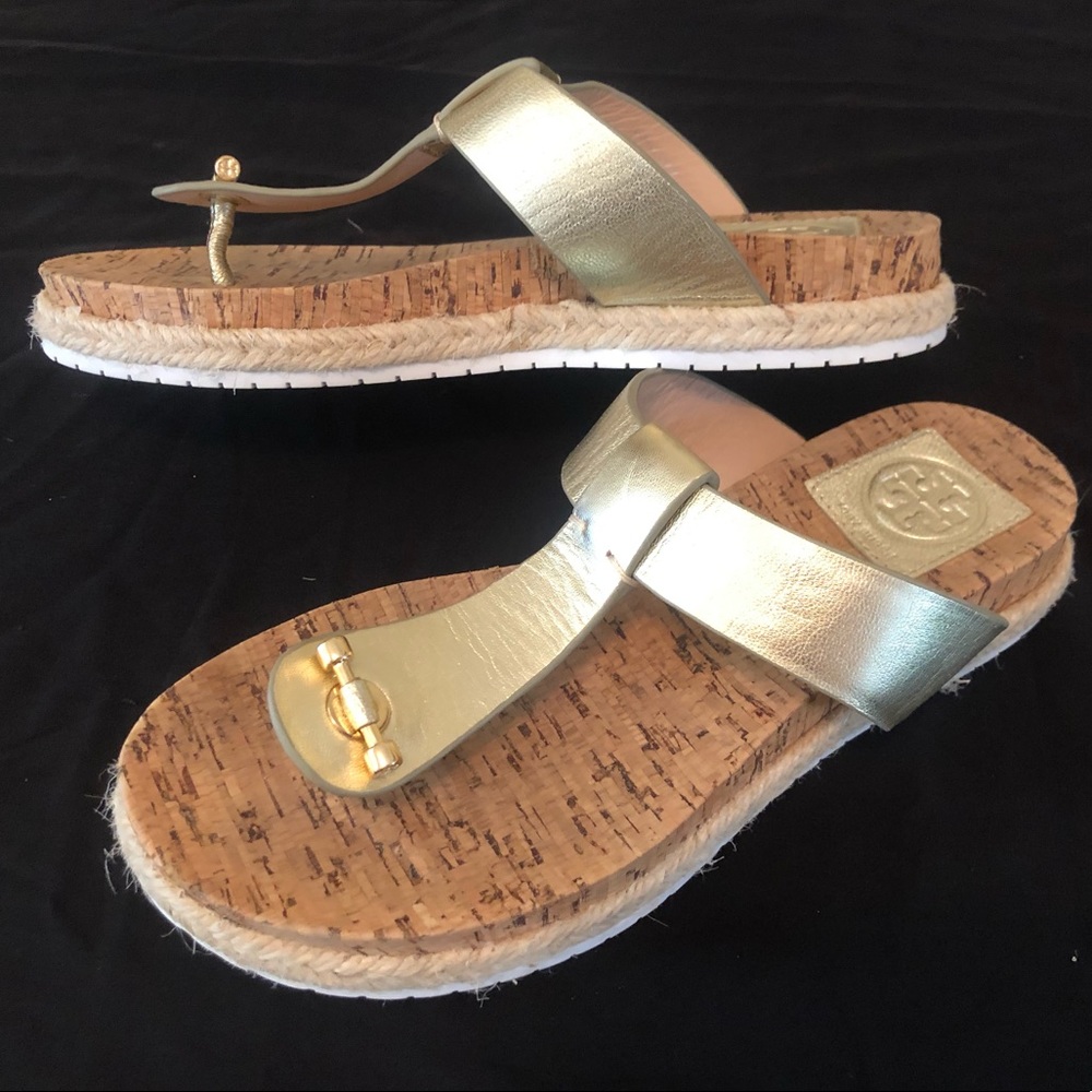 Auth TORY BURCH metallic & cork thong sandal SZ5.5